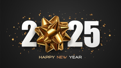 Happy New Year 2025, golden ribbon bow with white numbers on a dark gray background. Golden confetti. Holiday banner, calendar and poster