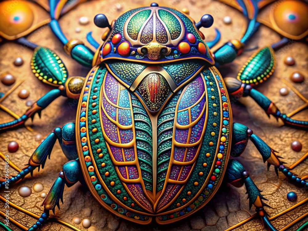 Poster intricate scarab drawing with detailed patterns and symbolic elements representing ancient cultures