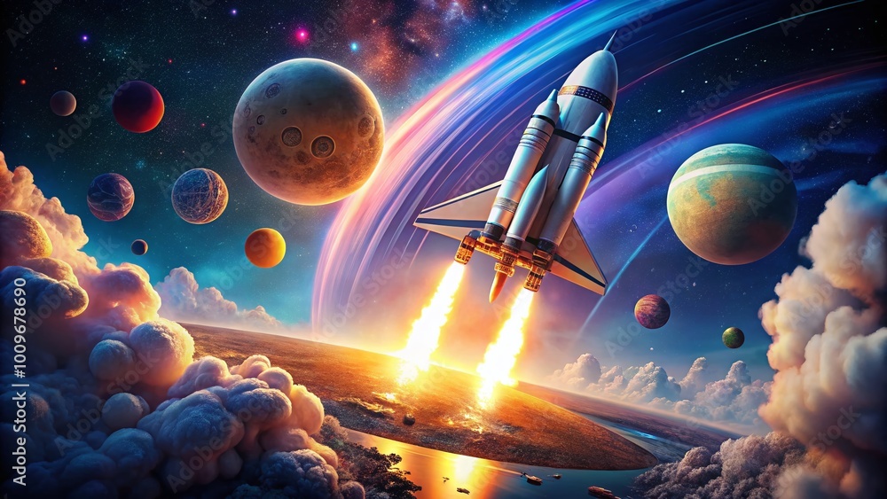 Poster isometric rocket launching into space with stars and planets in a colorful sci-fi background
