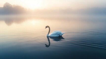 Fototapeta premium Swan atop foggy lake with golden rays