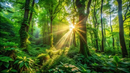 Obraz premium Lush Green Forest Aesthetic with Sunlight Filtering Through Leaves and Dense Vegetation in Nature