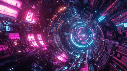 Obraz premium Futuristic Cyberpunk Cityscape with Pink and Blue Neon Lights