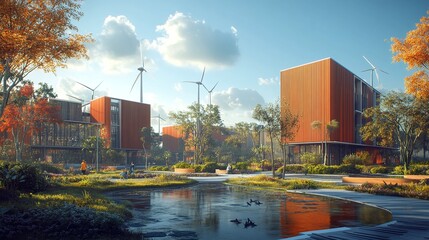 Fototapeta premium modern ecofriendly university campus with solar panels and wind turbines emphasizing a strong commitment to sustainable energy and reducing environmental impact with green technology