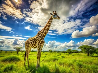 Obraz premium Majestic Giraffe Standing Tall in a Lush Green Savannah Under a Bright Blue Sky and Fluffy Clouds