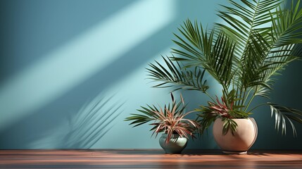 Obraz premium Light blue studio background with shadow from palm leaves on the wall for product display.