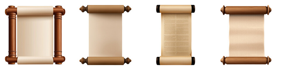 A series of vintage scrolls on a black background, showcasing different styles of parchment and wood ends.