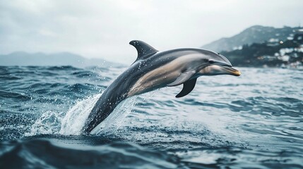 Fototapeta premium A dolphin leaps from the sea with its jaw open, surrounded by a majestic mountain backdrop