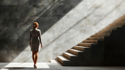 corporate challenges for women represented by a businesswoman in formal attire standing at the bottom of a large staircase highlighting the struggle for career advancement and leadership opportunities