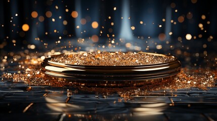 Luxury gold product display stage with royal blue background and gold sparkles.