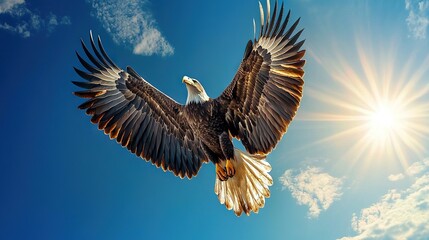 Obraz premium A bald eagle flying against a blue backdrop, with the sun above and cloudy skies surrounding it