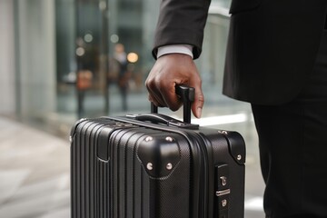 Close-up of Businessman Holding a Suitcase Handle in an Airport