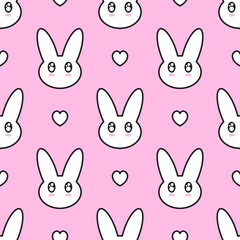 White cute bunnies and hearts with black outline on pink background. Vector seamless pattern. Best for textile, print, wallpapers, and festive decoration.