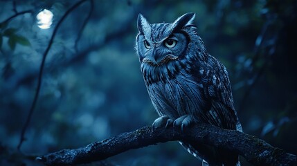   Owl on tree branch under full moon in dark blue night sky