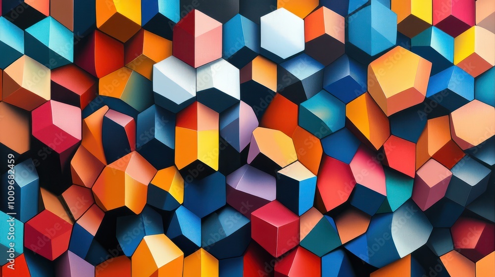 Poster a visual of a modern hexagonal tessellation pattern with bold colors and sharp angles.