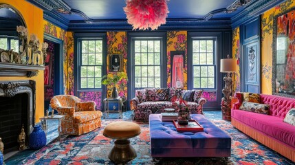 A vibrant symphony of bold colors, patterns, and textures dance together, as maximalism celebrates artistic freedom and richness in interior design.