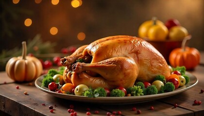 Close up of roasted stuffed turkey on Thanksgiving day, stuffed turkey with side dishes for celebration, Happy Thanksgiving day concept, Traditional dish, festive season, created with generative ai