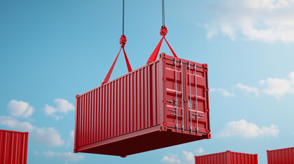 A red shipping container suspended by a crane in a cargo port, set against a bright blue sky with clouds, illustrating logistics and global trade.