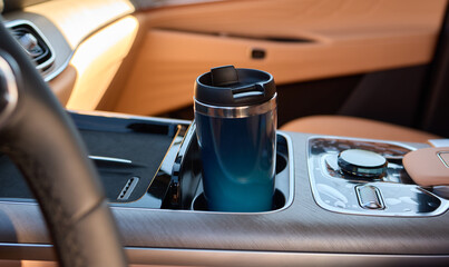 Gently hand placing a travel mug in the cars cup holder for convenience and comfort