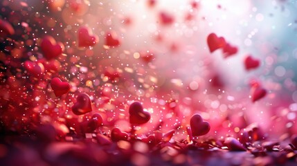 Whimsical Valentine's Day Background with Falling Pink and Red Candy Hearts and Glitter