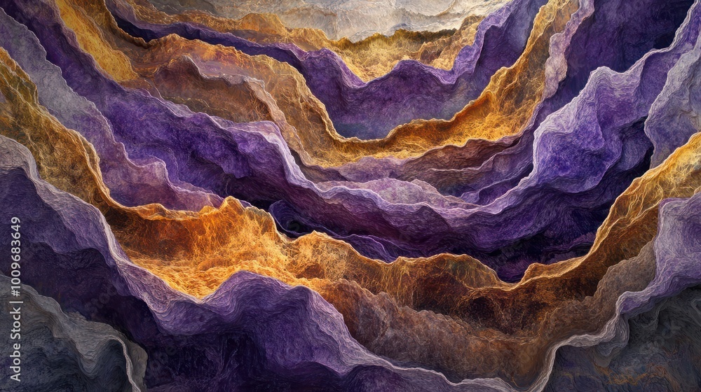 Poster abstract background resembling a rock formation with purple and gold colors interlaced, creating a m