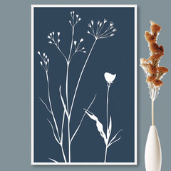  Stylowy plakat z minimalistycznym wzorem białych, delikatnych roślin na granatowym tle. Idealny do nowoczesnych wnętrz, wnosi spokój i elegancję.