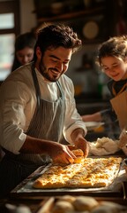 a man and a girl making pizza.