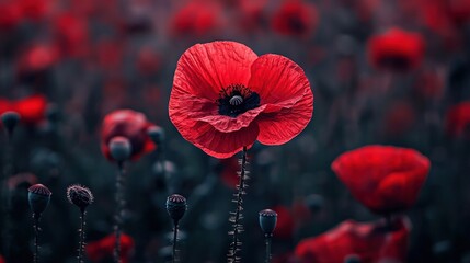 Obraz premium a solitary red flower, framed by green foliage and surrounded by a black circle, stands out against the backdrop of other colorful blooms