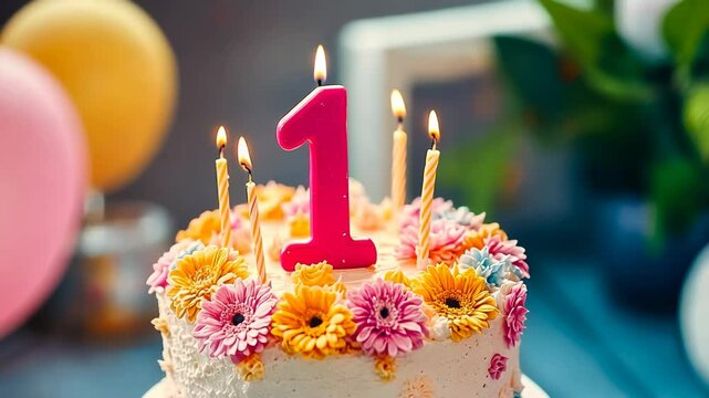 A vibrant celebration showcases a beautifully decorated cake adorned with flowers and a lit number one candle, symbolizing a first birthday. The festive atmosphere is highlighted by colorful balloons