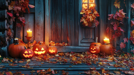 Obraz premium Carved pumpkins with candles on a wooden porch, surrounded by autumn leaves and a cozy warm glow from the window, creating a classic Halloween atmosphere..