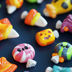 Fototapeta premium Brightly colored candies in different shapes, like lollipops, wrapped sweets, and candy corn with fun, spooky designs.