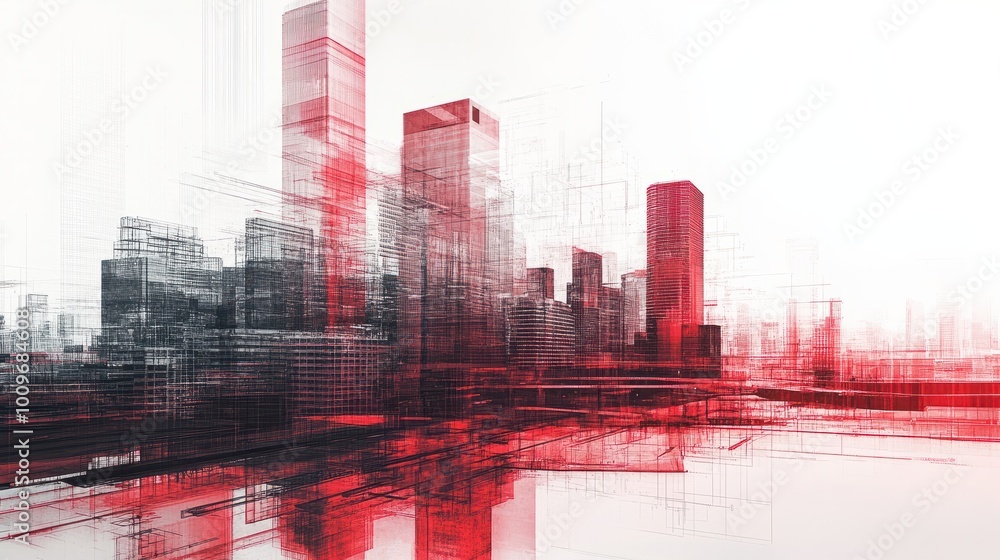 Poster abstract metropolitan skyline with overlapping architectural blueprints and translucent red overlay,