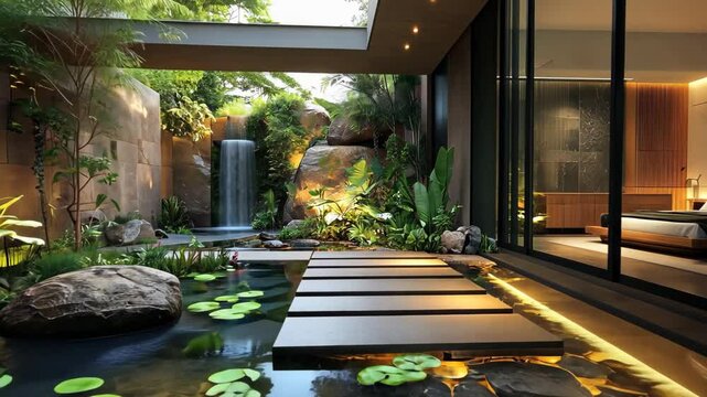 Luxurious zen biophilic interior atrium design, Tranquil indoor water garden with koi pond and tropical elements