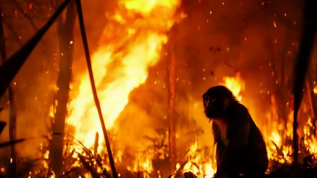 The Harsh Reality of Forest Fires The Striking of a Monkey Surrounded by Flames