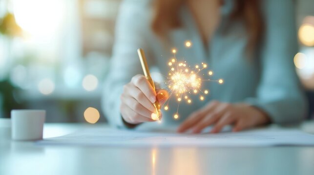 A businesswoman reviewing financial reports, highlighting key data points with a highlighter pen, showcasing her focused attention.