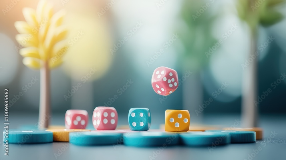 Poster an image of a board game with various colored tokens and dice, symbolizing the unpredictable nature 