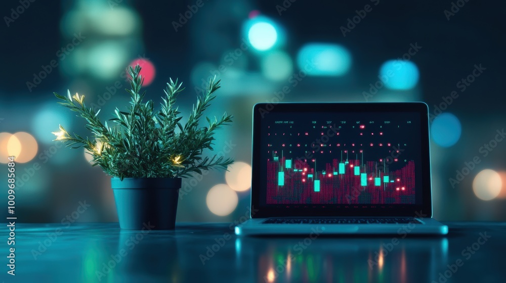 Aufkleber a laptop screen displaying complex financial data and charts, highlighting the use of technology in 