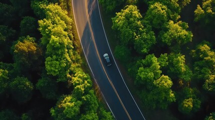 Aerial top view road in forest with car motion. Winding road through the forest. Car drive on the road between green forest. Ecosystem ecology healthy environment road trip. Holiday and Travel.
