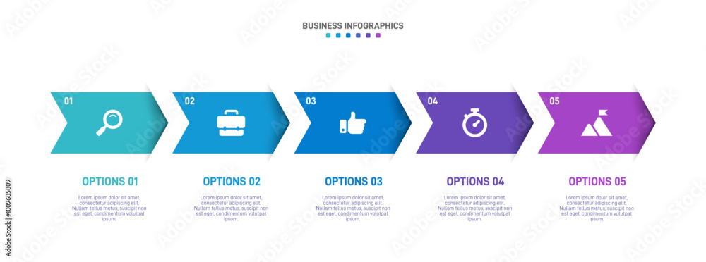 Poster horizontal progress bar featuring 5 arrow-shaped elements, symbolizing the five stages of business s