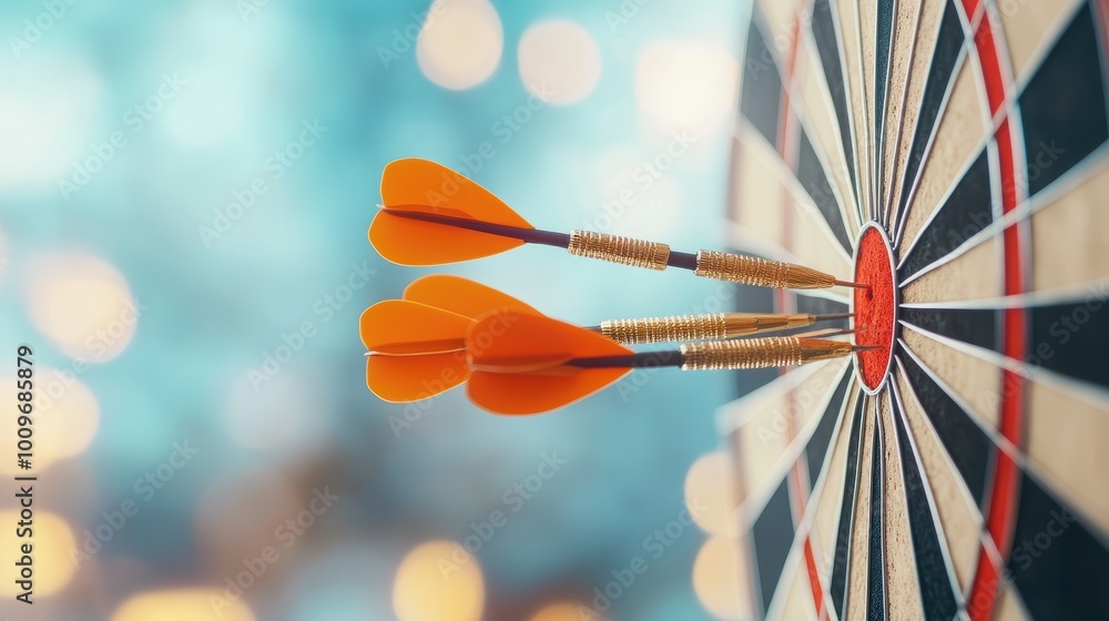 Wall mural A close up shot of a target board with several darts, showcasing the various approaches and strategies used to achieve goals.