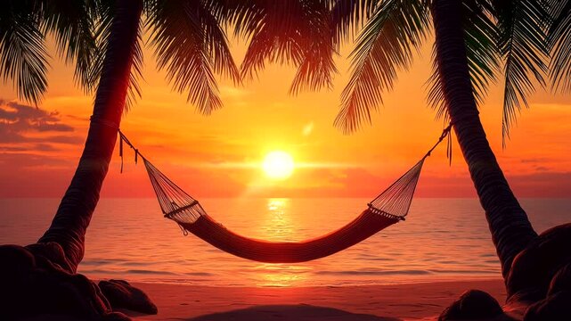 Hammock between palm trees overlooking serene ocean sunset with vibrant sky. Seamless looping 4K video background