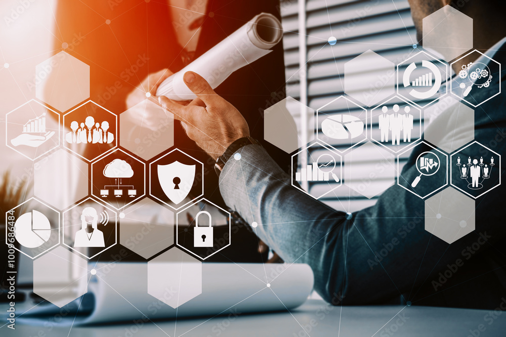 Poster cyber security and digital data protection concept. icon interface showing secure firewall technolog