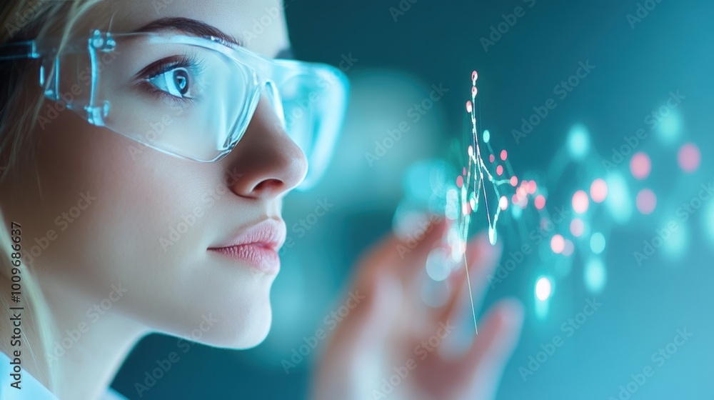 Poster a scientist reviewing data on a computer screen, with graphs and charts representing scientific anal