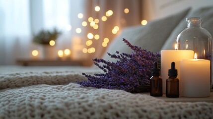 natural sleep optimization with lavender and essential oils, a serene bedside table setup featuring candles and calming scents, ideal for stress relief and promoting a restful night