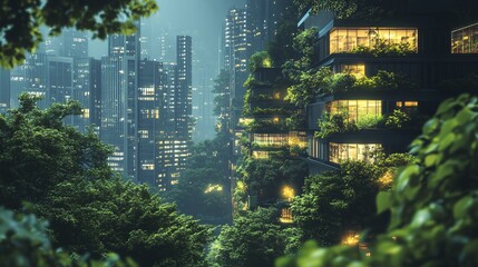 eco-friendly and sustainable urban jungle concept, featuring futuristic architecture and lush greenery, creating modern city spaces that enhance community living and green business environments