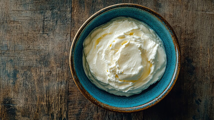 "Top View of Organic Plain  Yogurt in Blue Bowl: Labneh Cream Cheese and Sour Cream Inspiration"
