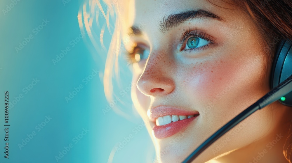 Poster a friendly customer service representative smiling and listening intently while on a phone call.