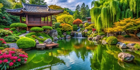 Fototapeta premium Tranquil Asian Garden Scene with Lush Greenery and Serene Water Features for Relaxation and Peace