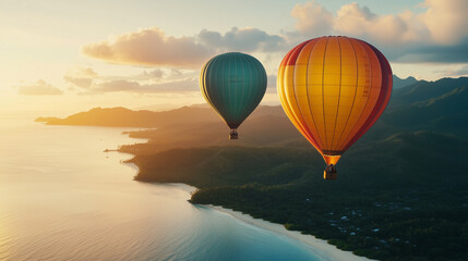 Fototapeta premium Hot air balloons in sunrise over beautiful landscape of Komo Island, Fiji