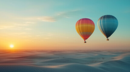 Fototapeta premium Hot air balloons in sunrise over beautiful landscape of Sahara Desert, Tunisia
