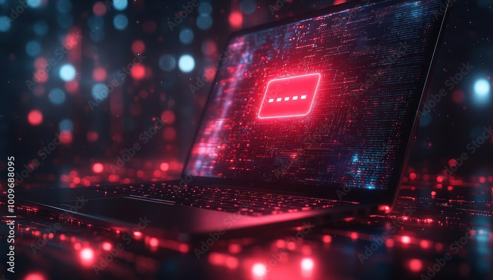 Poster cyberpunk laptop with red glow and loading screen